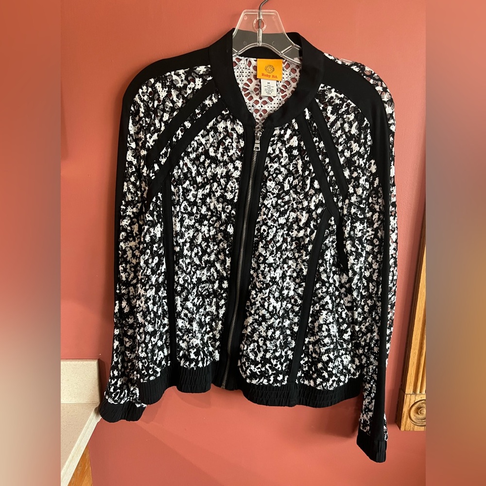 Black/White Eyelet Bomber Type Jacket - Elasticized Waist & Cuffs Medium